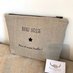 Trousse de toilette Homme personnalisable, en lin naturel et simili noir  Beau Gosse