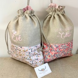 Sac polochon week-end personnalisé en liberty Wiltshire pois de senteur et  velours marine