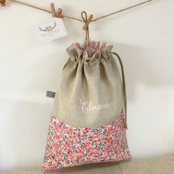 Sac polochon week-end personnalisé en liberty Wiltshire pois de senteur et  velours marine