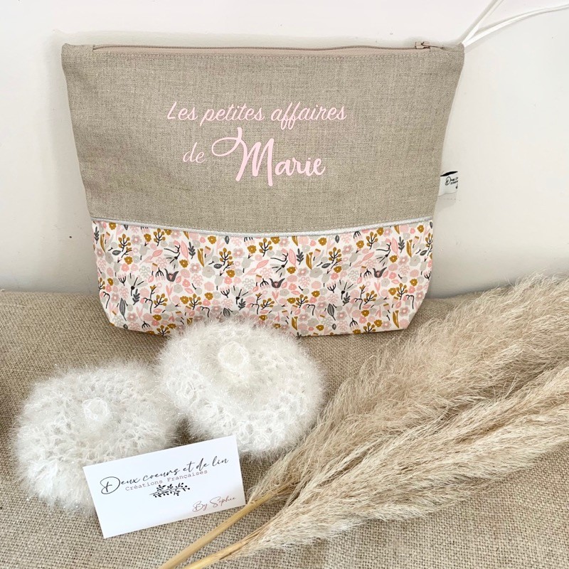 Trousse de toilette personnalisable en lin Fleurs des champs