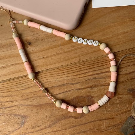 Bijou de téléphone rose poudré et doré en perles - Maman