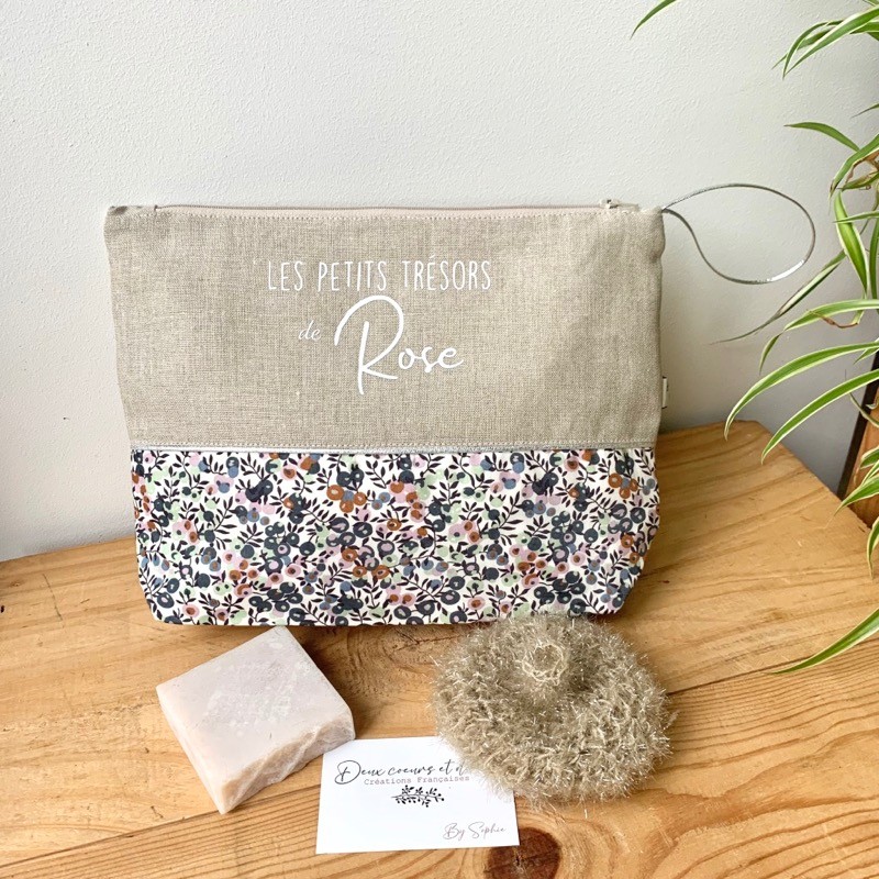 Trousse de toilette personnalisable en lin et Liberty Bio Sauge