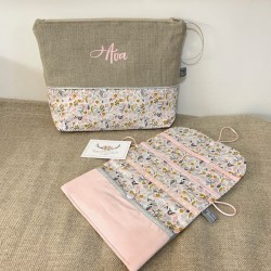 Trousse de toilette personnalisable en lin Fleurs des champs