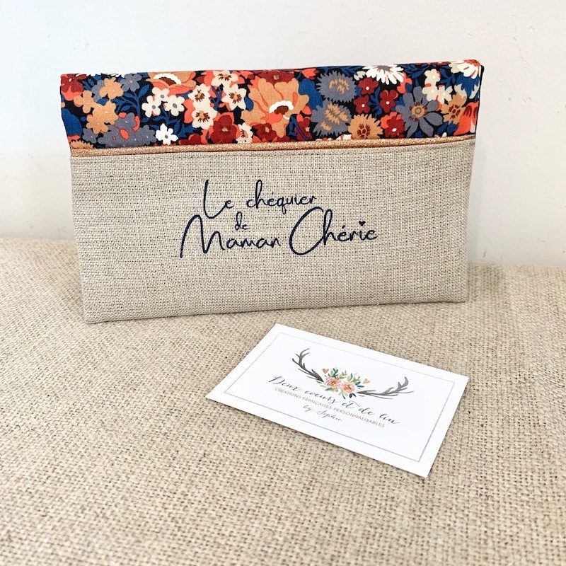 Porte chéquier personnalisable en lin et Liberty Thorpe orange burnt